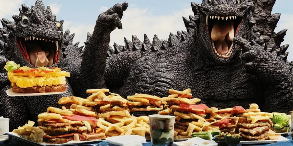 Prompt: photo of godzilla eating a giant pile of cheeseburgers with glee, funny, weird