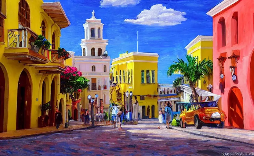 Image similar to a street of Old San Juan, Puerto Rico, colorful buildings on both sides, by Konstantin Razumov, highly detailed.