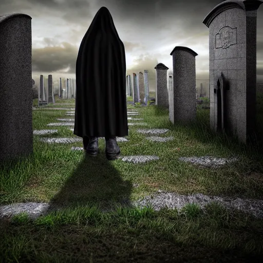 Image similar to the grim reaper wandering through a graveyard, highly detailed, extremely high quality, hd, 4 k, 8 k, professional photographer, 4 0 mp, lifelike, top - rated, award winning, realistic, detailed lighting, detailed shadows, sharp, no blur, edited, corrected, trending