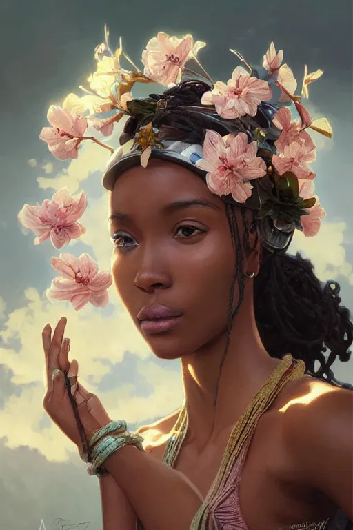 Image similar to ultra realistic illustration, a beautiful swahili girl with flowers blossoming from helmet, elegant, highly detailed, digital painting, concept art, smooth, sharp focus, illustration, art by artgerm and greg rutkowski and alphonse mucha