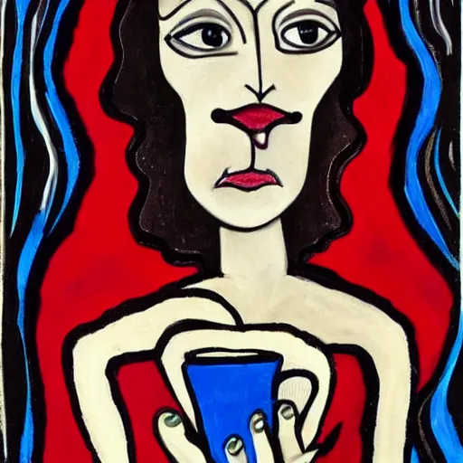 Image similar to painting, expressionist, of a single young girl, alone, with no one else around, sitting alone on her ornate throne, in a black and dark red dress, drinking coffee. she has long dark hair, blue eyes, two arms, two legs, one torso and one head.
