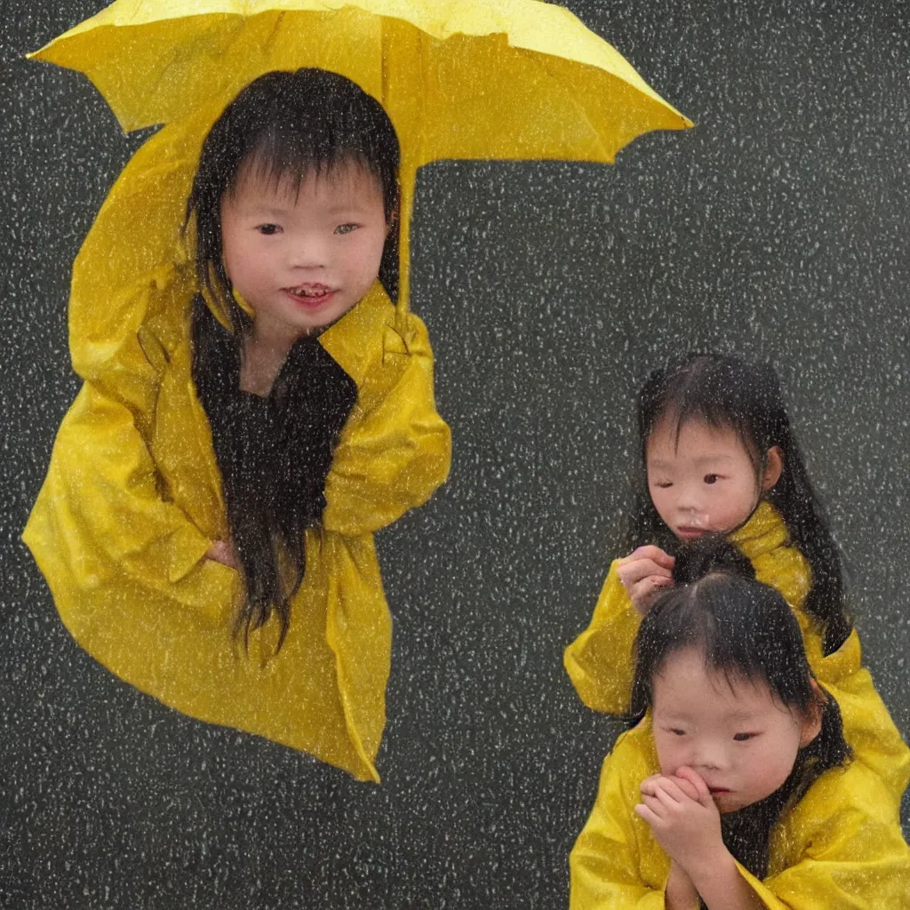 Prompt: of portrait of a little Chinese girl in yellow rain coat.