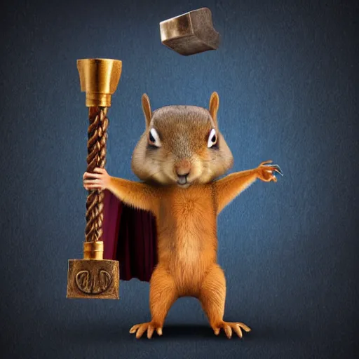 Prompt: a squirrel with thor outfit ~ holding the hammer ~ photorealistic ~ dramatic thunder background ~ trending ~