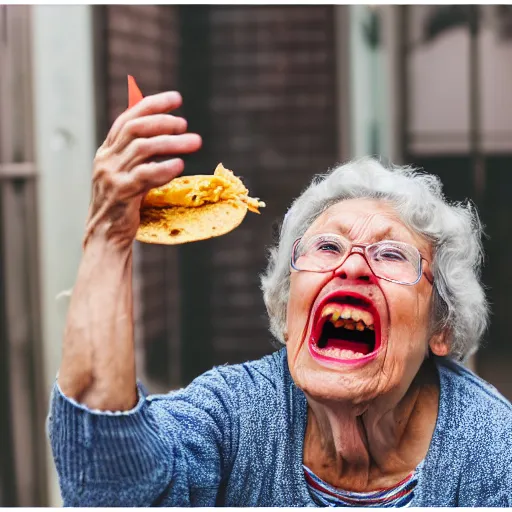 Image similar to elderly woman screaming at a taco, canon eos r 3, f / 1. 4, iso 2 0 0, 1 / 1 6 0 s, 8 k, raw, unedited, symmetrical balance, wide angle