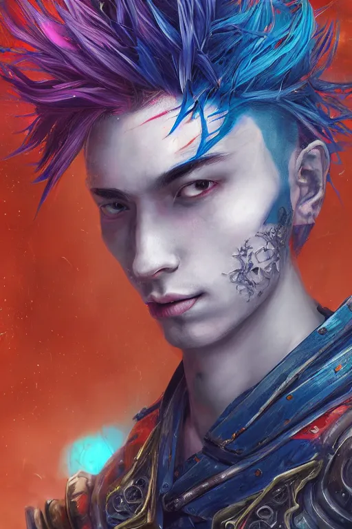 Prompt: portrait of beautiful young man, warhammer, japanic style, more and more cyberpunk, a lot of more scars, more and more flowers, blue head, some red water, the middle ages, highly detailed, artstation, illustration, artgerm sylvari portrait, 8 k quality, art by max ernst