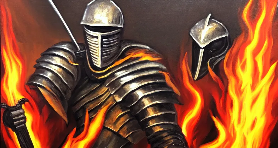 Image similar to An oil painting of a knight in dark metal armor wielding a flaming sword