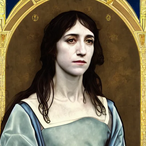 Image similar to portrait of charlotte gainsbourg as joan of arc, hyperreal digital painting, iconography influenced by alphonse mucha and eugene delacroix, arstation and deviantart trends, high resolution 8 k