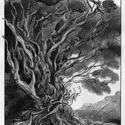 Image similar to The print shows a man caught in a storm, buffeted by wind and rain. He clings to a tree for support, but the tree is bent nearly double by the force of the storm. The man's clothing is soaked through and his hair is plastered to his head. His face is contorted with fear and effort. Adventure Time, mint by Tibor Nagy, by Mab Graves evocative