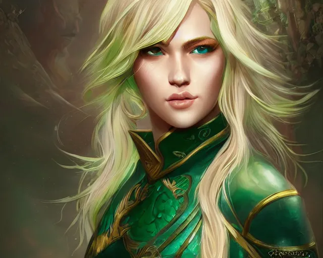 Image similar to A blonde emerald warrior, HD, illustration, epic, fantasy, intricate, elegant, amazing detail, digital painting, artstation, concept art, smooth, sharp focus, illustration, art by Turine Tran