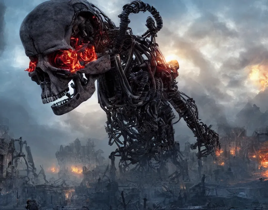 Image similar to terminator skull, destroyed town on background, fantasy artwork, very beautiful scenery, hd, hdr, ue 5, ue 6, unreal engine 5, cinematic 4 k wallpaper, 8 k, ultra detailed, by popular digital, details, beautiful image ever created, high resolution, artstation, award winning, detailed body, details face, realistic body proportions