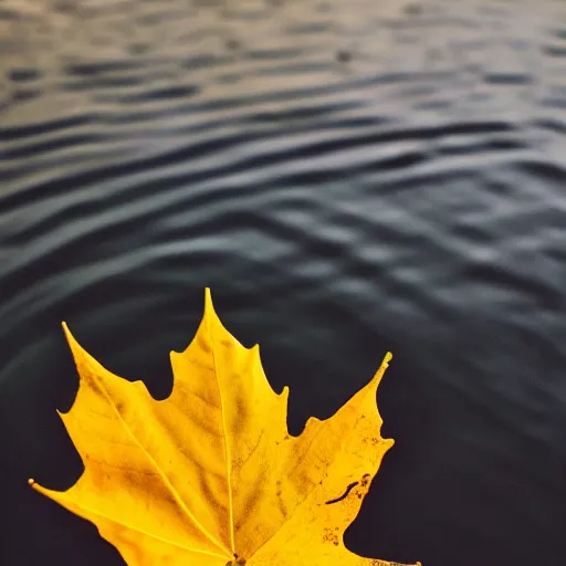 Image similar to close - up of a yellow maple leaf floating on top of a pond