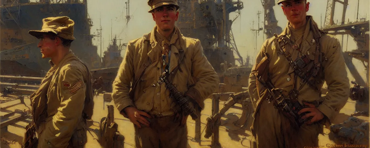 Image similar to portrait of a us soldier in shipyard dieselpunk, painting by gaston bussiere, craig mullins, j. c. leyendecker