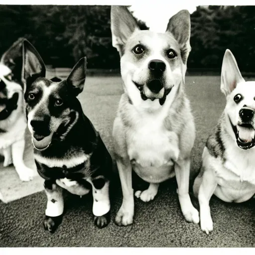 Prompt: 3 5 mm photo of many happy dogs together