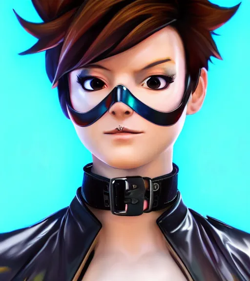 Prompt: portrait bust digital artwork of tracer overwatch, wearing black iridescent rainbow latex, 4 k, expressive happy smug expression, makeup, in style of mark arian, angel wings, wearing detailed black leather collar, chains, black leather harness, detailed face and eyes,