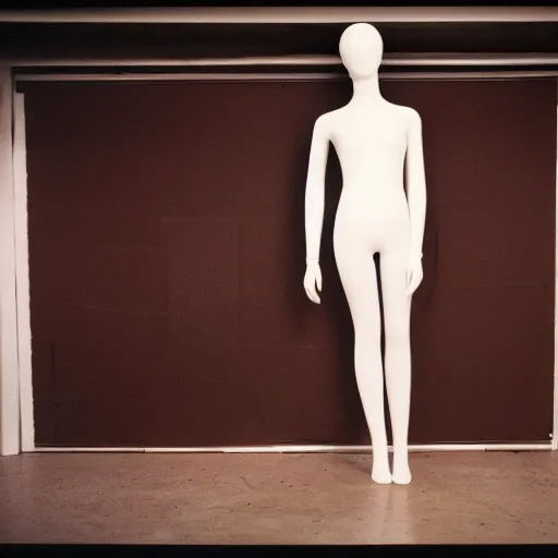 Prompt: empty retail backroom room with a lone surprised fashionable mannequin girlfriend in front of the camera cinestill 7 0's film liminal