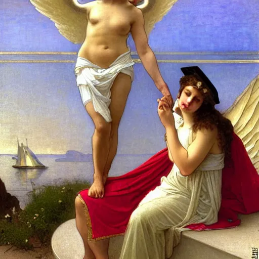 Image similar to An angel with jester hat and clothes on a greek circle archi on the front of a Balustrade with a beach and a sail boat on the background, major arcana cards, by paul delaroche, alphonse mucha and daniel garber daniel garber arnold böcklin hyperrealistic 8k, very detailed
