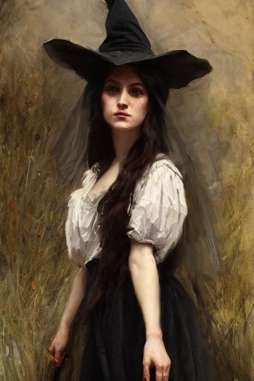 Prompt: Solomon Joseph Solomon and Richard Schmid and Jeremy Lipking victorian genre painting full length portrait painting of a young beautiful woman medieval witch