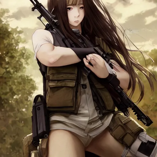 Image similar to soldier girl, anime style, long hair, hair down, symmetrical facial features, girls frontline cg, hyper realistic, pale skin, 4 k, rule of thirds, extreme detail, detailed drawing, trending artstation, hd, fantasy, d & d, realistic lighting, by alphonse mucha, greg rutkowski, sharp focus, backlit, carrier rig