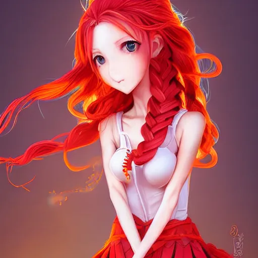 Prompt: 3D advanced digital art, a very cute and gorgeous anime woman wearing a dress made of fire , full body, very long wavy Fire red hair, braided hair, red fiery eyes, full round face, cinematic lighting, mid-shot, highly detailed, trending on pixiv, Steven Artgerm Lau, WLOP, RossDraws, RuanJia , James Jean, Andrei Riabovitchev, Totorrl, Marc Simonetti, Visual Key, and Sakimichan