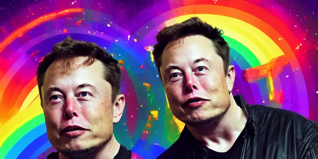 Prompt: elon musk with the face of waya steurbaut hero combination rainbow glowing suite high resolution film render 100k, photo realistic, epic, colourful close up shot