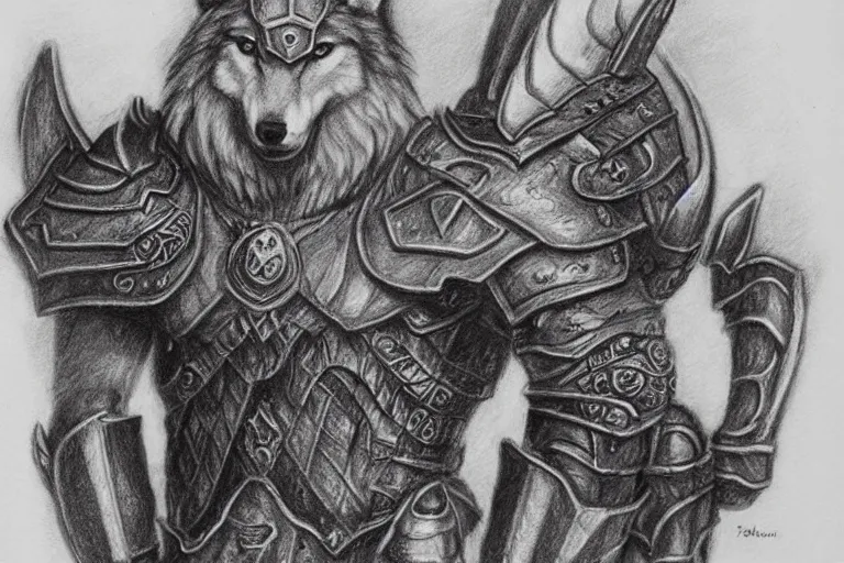 Image similar to a pencil drawing of a wolf, full body, D&D, armor, made by by Pen Tacula