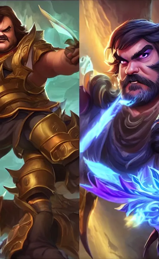 Image similar to Jack Black as a character in the game League of Legends, with a background based on the game League of Legends, detailed face, old 3d graphics