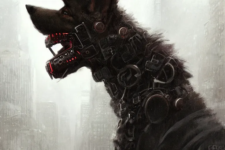 Image similar to new york city portrait of furry anthro anthropomorphic german shepard head animal person fursona wearing clothes strange cybernetic augmentations cyber muzzle gloomy rainy cyberpunk digital art by Greg Rutkowski, Simon Stalenhag, trending on Artstation, CGSociety