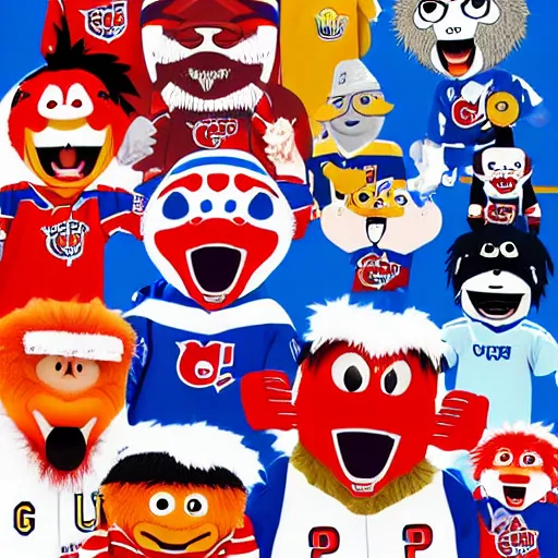 Image similar to illustration of youppi habs mascot in a gang with other nhl mascots by ilya kuvshinov katsuhiro otomo