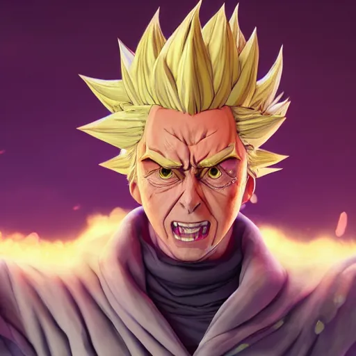 Image similar to rick sanchez going super sayain, au naturel, hyper detailed, digital art, trending in artstation, cinematic lighting, studio quality, smooth render, unreal engine 5 rendered, octane rendered, art style by klimt and nixeu and ian sprigger and wlop and krenz cushart