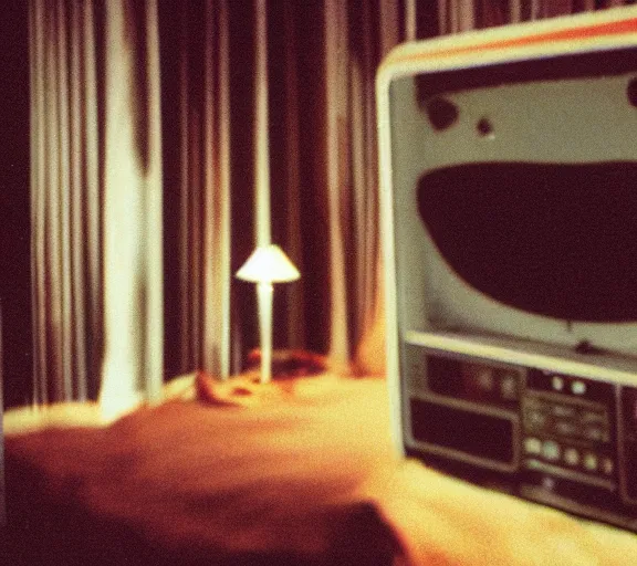 Prompt: a dark silhouette inside a bedroom at night, 90s vhs footage