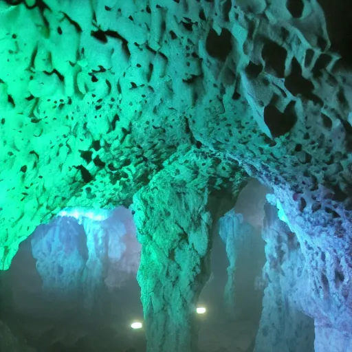Prompt: foggy moody deep underground cave, microbiology bioluminescent, phosphorescent iridescent tunnel, uncanny uncomfortable uneasy, multicolor spectrum salt, cracks and moisture, rough basalt gypsom calcite, dim moody broken soft lighting, ultra detailed photorealism, DSLR, real footage, bloom, glow, real life