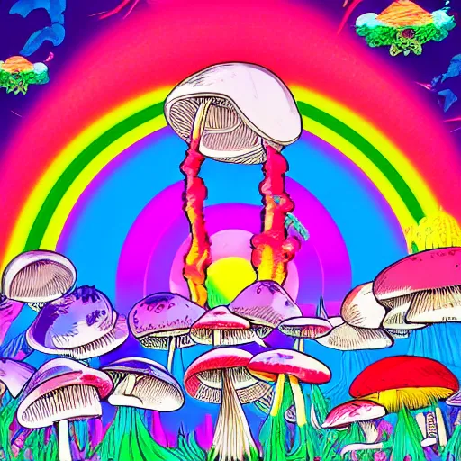 Image similar to mushrooms in the place of flying saucers, hallucinogenic, psychedelics, enhanced vision, vaporwave, future funk, japanese - inspired