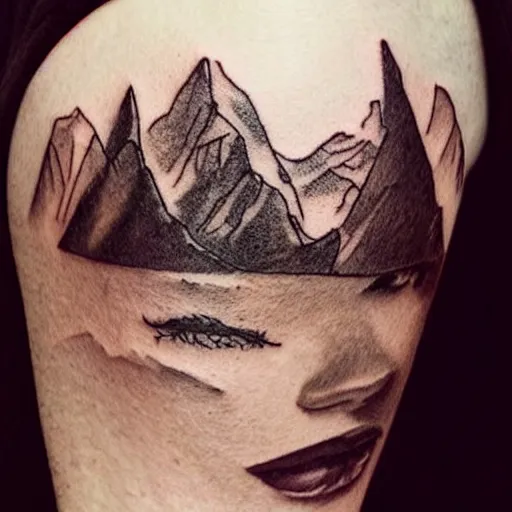 Image similar to megan fox as beautiful mountains, double exposure effect, medium sized tattoo sketch, amazing detail, trending on pinterest, in the style of alon avissar