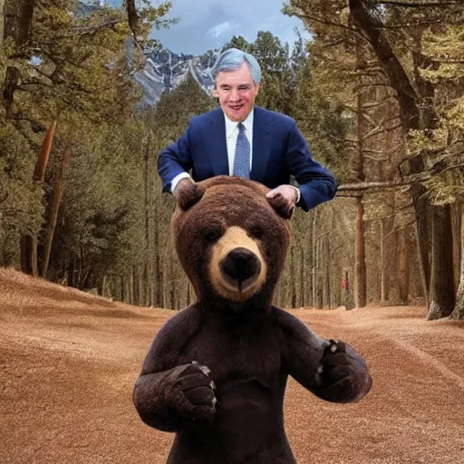 Prompt: photo of jerome powell riding on top of a bear, epic pose