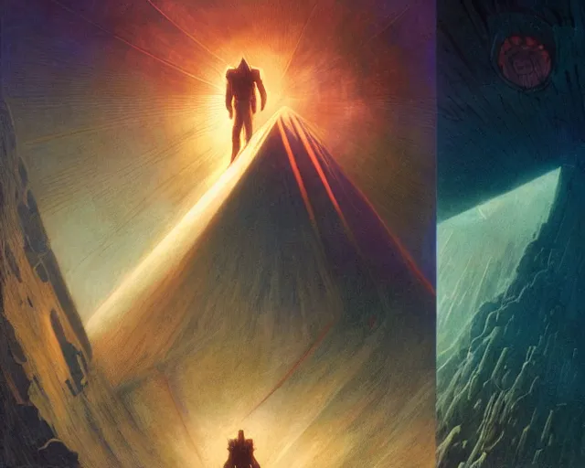 Prompt: a man falling into a tesseract, sci - fi, cyberpunk, dune movie, ridley scott, denis villeneuve, painted by zdzislaw beksinski and artgerm and greg rutkowski and alphonse mucha