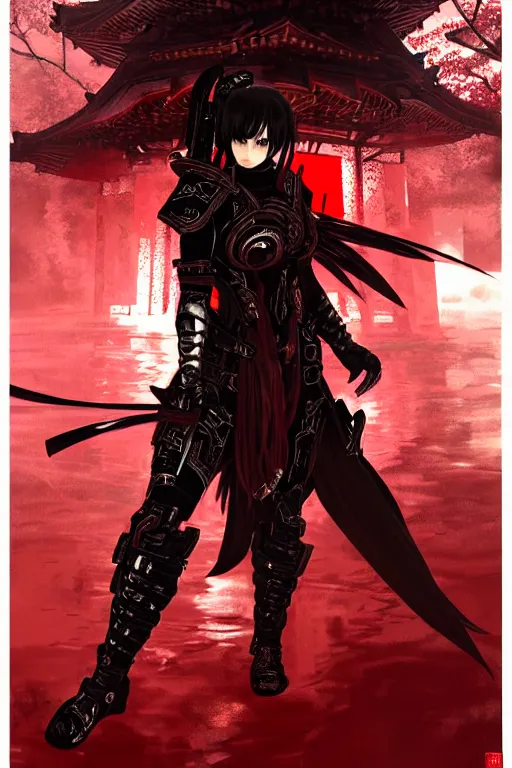 Image similar to portrait Ninja gaiden girl, armored black and red ninja wardrobe, in ruin japanese rainny temple night, ssci-fi and fantasy, intricate and very very beautiful and elegant, highly detailed, digital painting, artstation, concept art, smooth and sharp focus, illustration, art by tian zi and WLOP and alphonse mucha