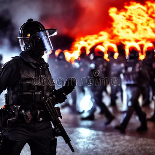 Image similar to portrait of a anti-riot policeman on fire , front, centered, riot background, at night, mid shot , editorial photography