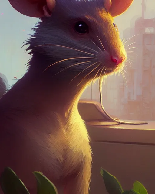 Prompt: highly detailed vfx portrait of a rat looking at you, unreal engine, greg rutkowski, loish, rhads, beeple, makoto shinkai and lois van baarle, ilya kuvshinov, rossdraws, tom bagshaw, alphonse mucha, global illumination, detailed and intricate environment