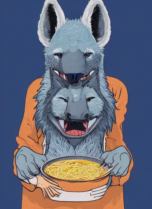 Image similar to An anthropomorphic blue hyena holding a block of ramen