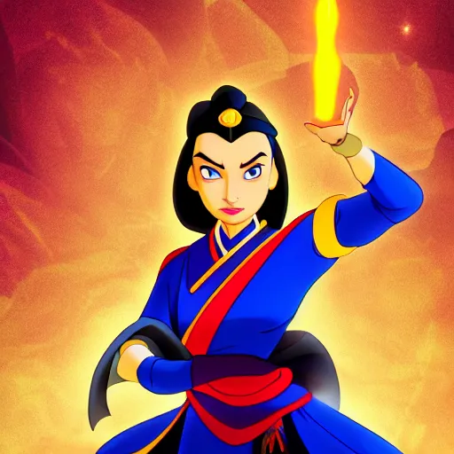 Image similar to poster of Princess Azula in the style of JM Animation, blue fires burning in the background, highly detailed, golden ratio, cinematic lighting