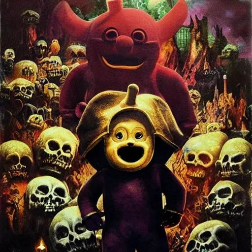 Image similar to teletubby perched atop a throne of skulls, epic dark fantasy oil painting, dimly lit masterpiece, disturbing and evil