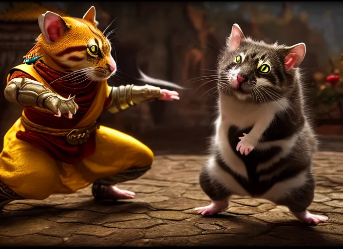 Image similar to hamster fights a cat in mortal kombat on the background of a laughing shao khan. fantasy magic style. highly detailed 8 k. intricate. lifelike. soft light. sony a 7 r iv 5 5 mm. unreal engine with nanite and path tracing