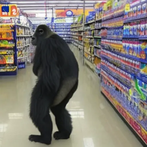 Image similar to photo of gorilla in walmart, cctv footage,