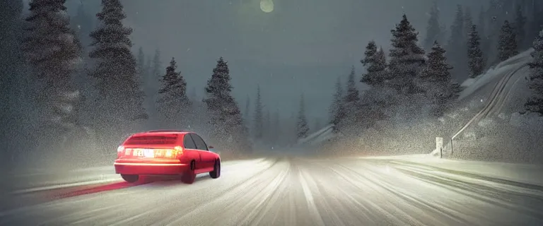 Prompt: Audi A4 B6 Avant (2002), a gritty neo-noir, dramatic bright lighting, cinematic, establishing shot, extremely high detail, photorealistic, cinematic lighting, artstation, by simon stalenhag, Snowy japanese mountain road, At night