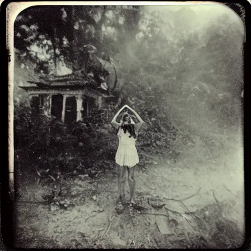 Image similar to an ancient evil-girl devouring the human souls on a mysterious Colombian jungle, mist, abandoned house, 1910 polaroid photography, grainy film, Black and white