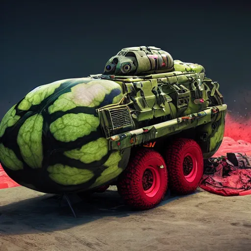Prompt: Very very very very highly detailed sci-fi Watermelon military vehicle. Photorealistic Concept 3D digital art rendered in Highly Octane Render in style of Hiromasa Ogura Gost in the shell, more Watermelon less military vehicle, epic dimensional light
