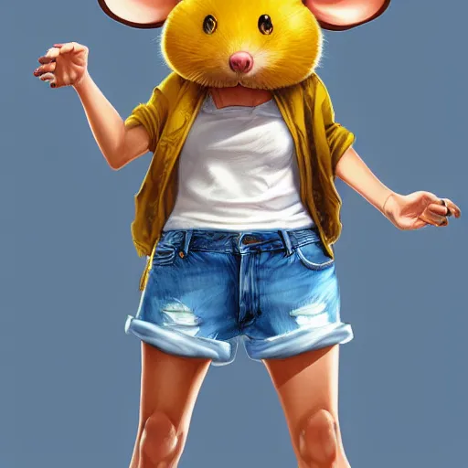 Image similar to anthropomorphic mouse wearing denim short shorts and yellow tank top, highly detailed, artgerm style, artstation, soft light, sharp focus, illustration, character design, concept art