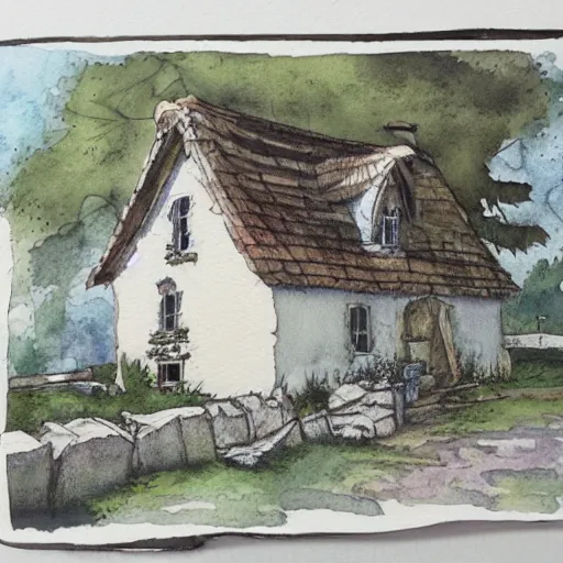 Image similar to a watercolor and ink painting of a cottage, drawn on white parchment paper, vibe, atmosphere, detailed, muted colors, by greg rutowski and james gurney