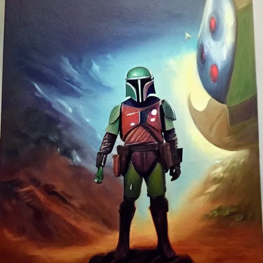 Image similar to Boba Fett staring at his bounty target from a distance, oil painting