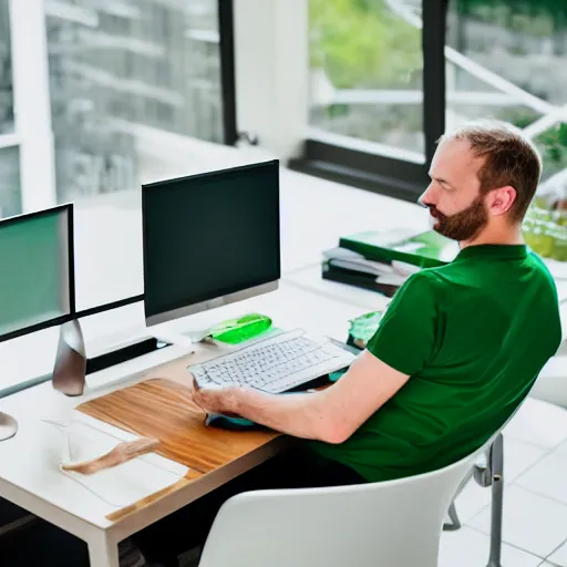 Prompt: caucasian man with green shirt sitting in front of computer with webcam!! mounted on top